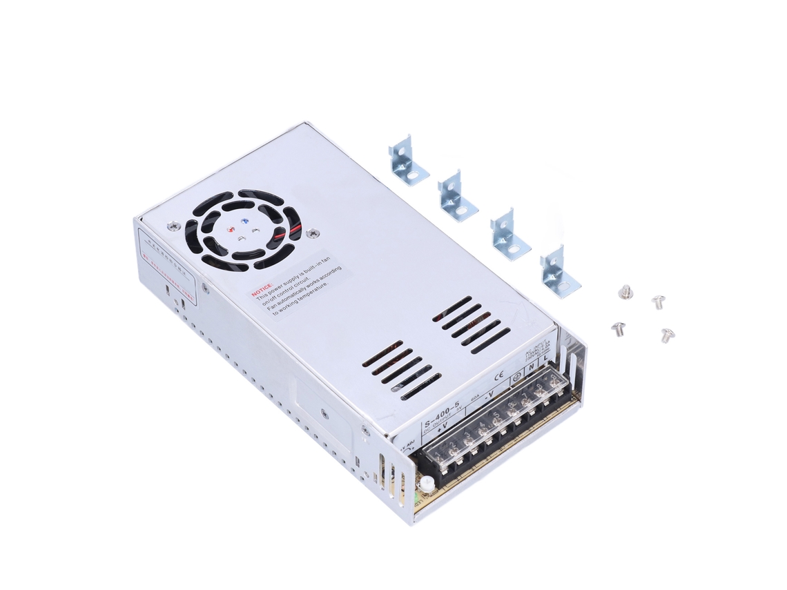 Fonte de alimentação CC de 400 W, conversor de 115/230 VCA para 5 V/60 A, com caixa e clipes de alumínio.