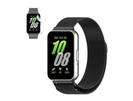 Kit De Pulsera Con Cierre Magnético Milanese Loop + Película De Gel De Cubierta Completa PHONECARE Para Samsung Galaxy Fit3 - Negro / Transparente
