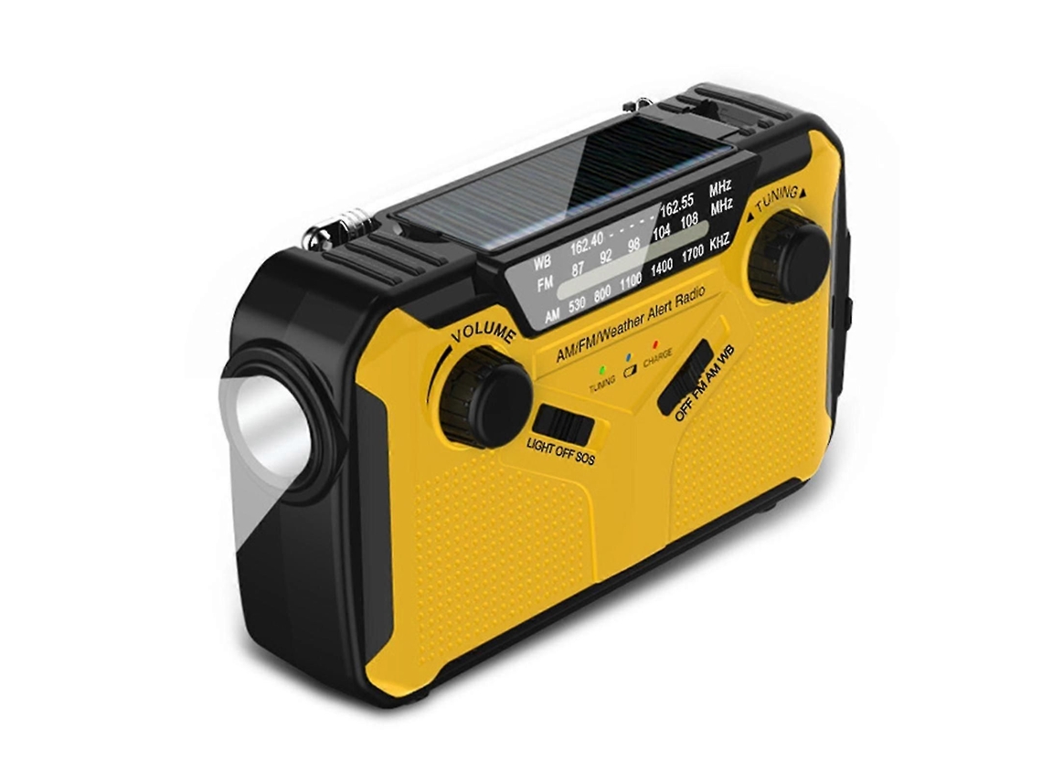 Radio portátil con manivela y alimentación solar, recargable, para acampadas, emergencias y pronóstico del tiempo, con linterna LED y luz de lectura.