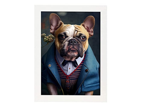 NACNIC Lámina Bulldog Dinámico En Estilo Fotografía A Todo Color. Divertidas Ilustraciones Realistas De Animales Con Ropa Humana A3 Marco Blanco.