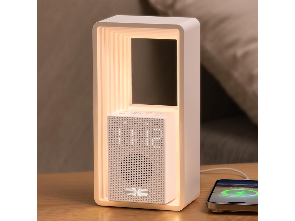 Despertador digital para personas con sueño pesado, luz de amanecer, 9 sonidos de ruido blanco para dormir profundamente (blanco)