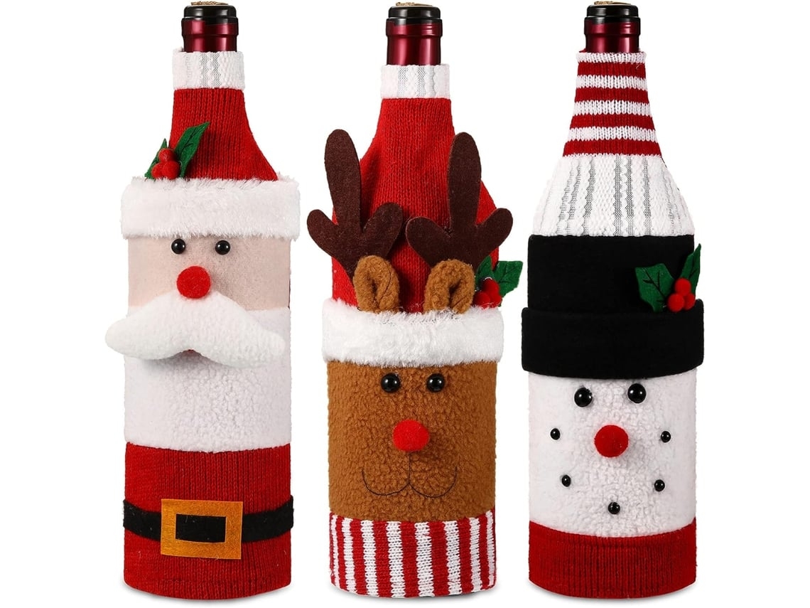 Set 3 Piezas Jersey Navidad Funda Botella Vino Hecha Mano Soporte