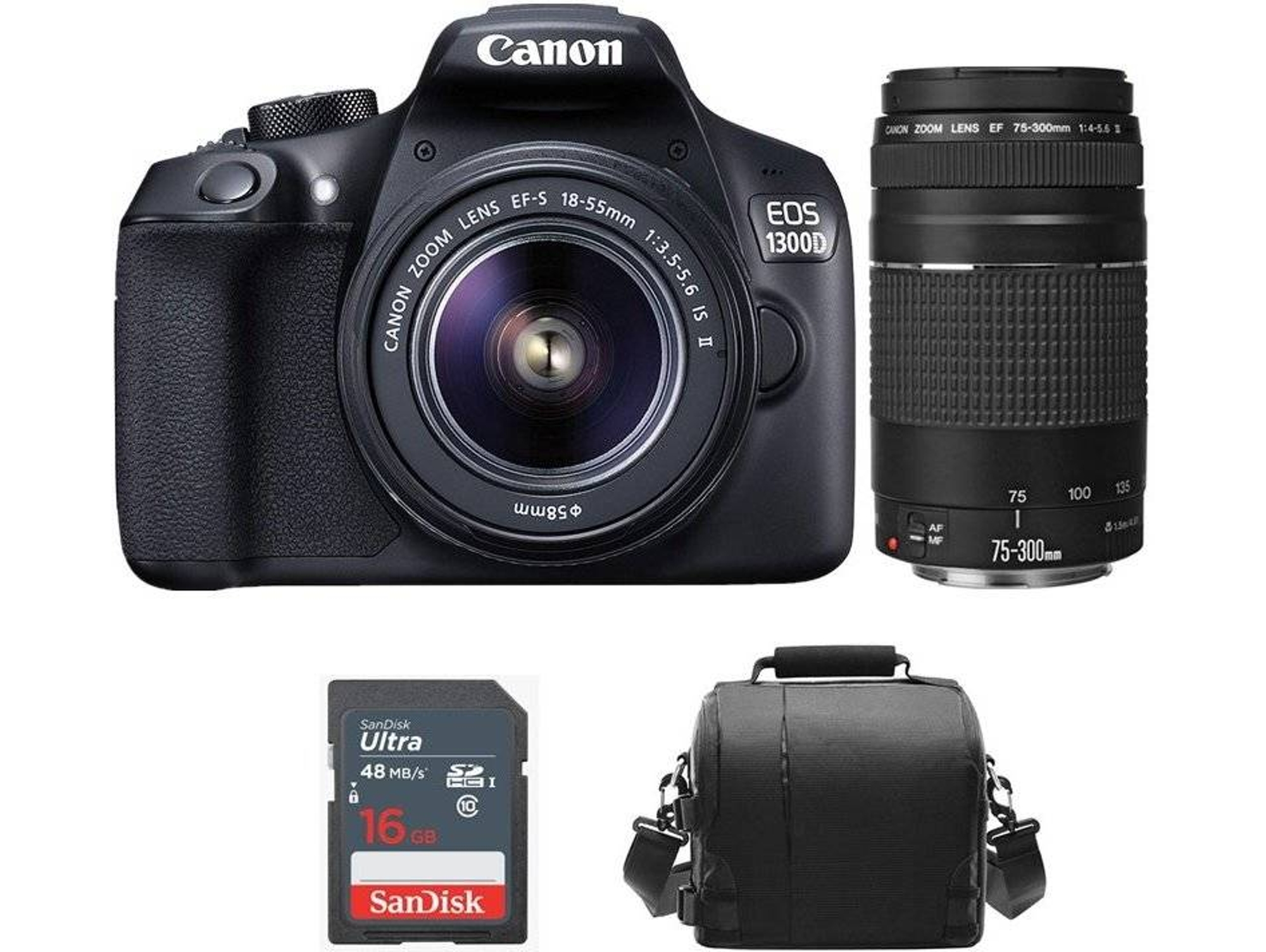 Kit Cámara Réflex CANON EOS 1300D EF-S 18-55mm F3.5-5.6 IS II + EF 75-300mm F4-5.6 III + Funda + SD 16GB