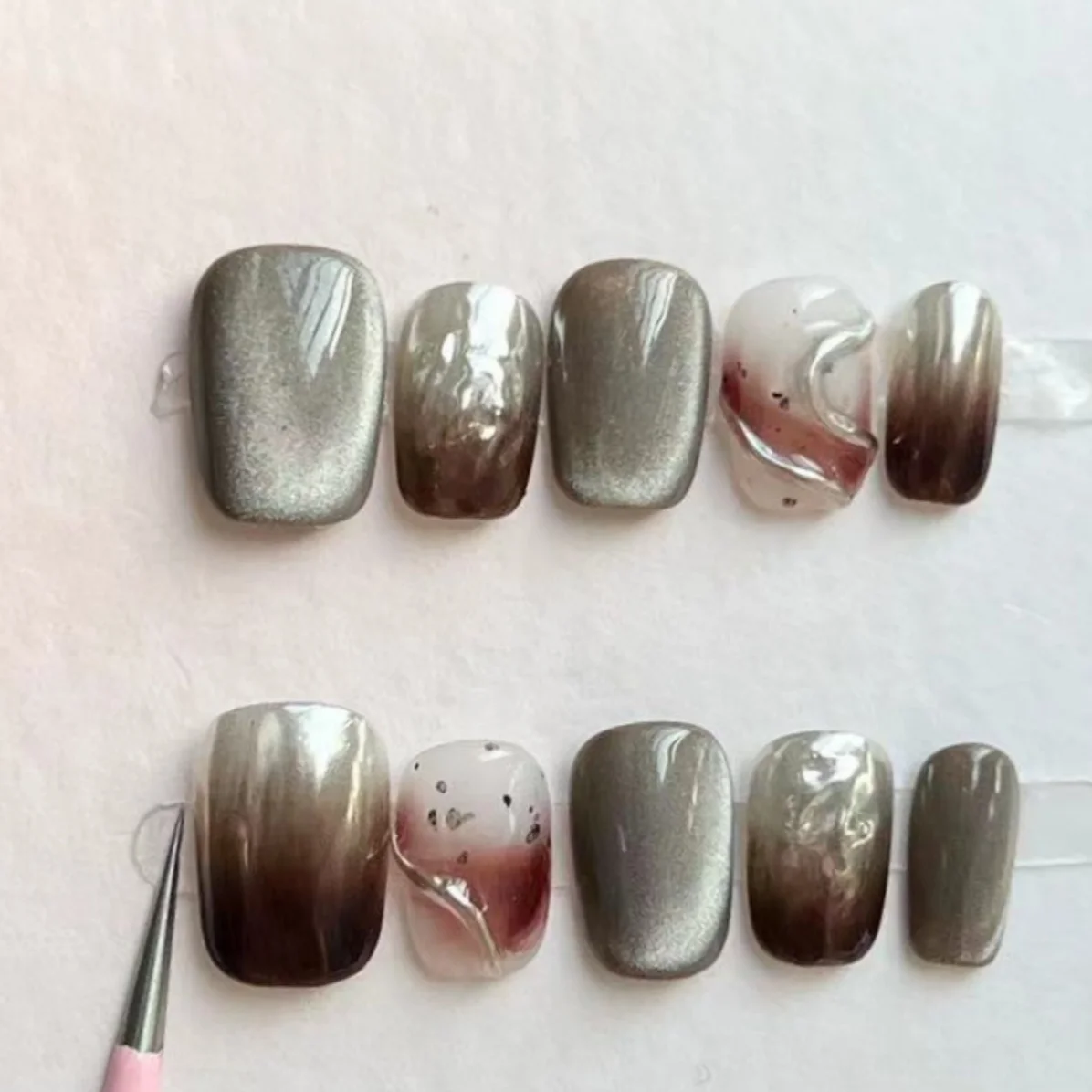 (426 -l) Paquete De 10 Pegatinas De Uñas Postizas Hechas A Mano, Estilo Ojo De Gato, Cortas, Estilo Ballet.