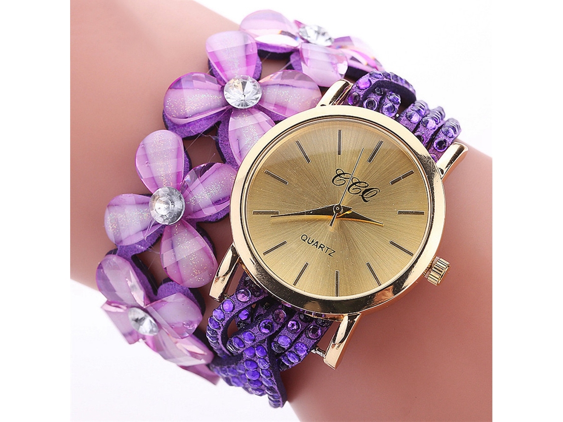 Elegante Reloj De Cuarzo Para Mujer Con Brazalete Floral De Pedrería, Moda Lujosa, Morado.