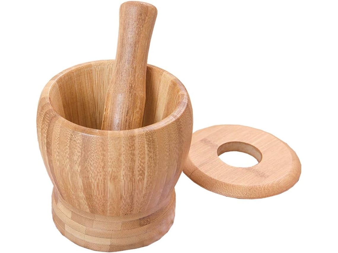 Juego de mortero y maja de bambú con tapa, molinillo de especias, utensilios de cocina para mezclar hierbas, especias, tazón de molienda, utensilios de cocina UISAVE