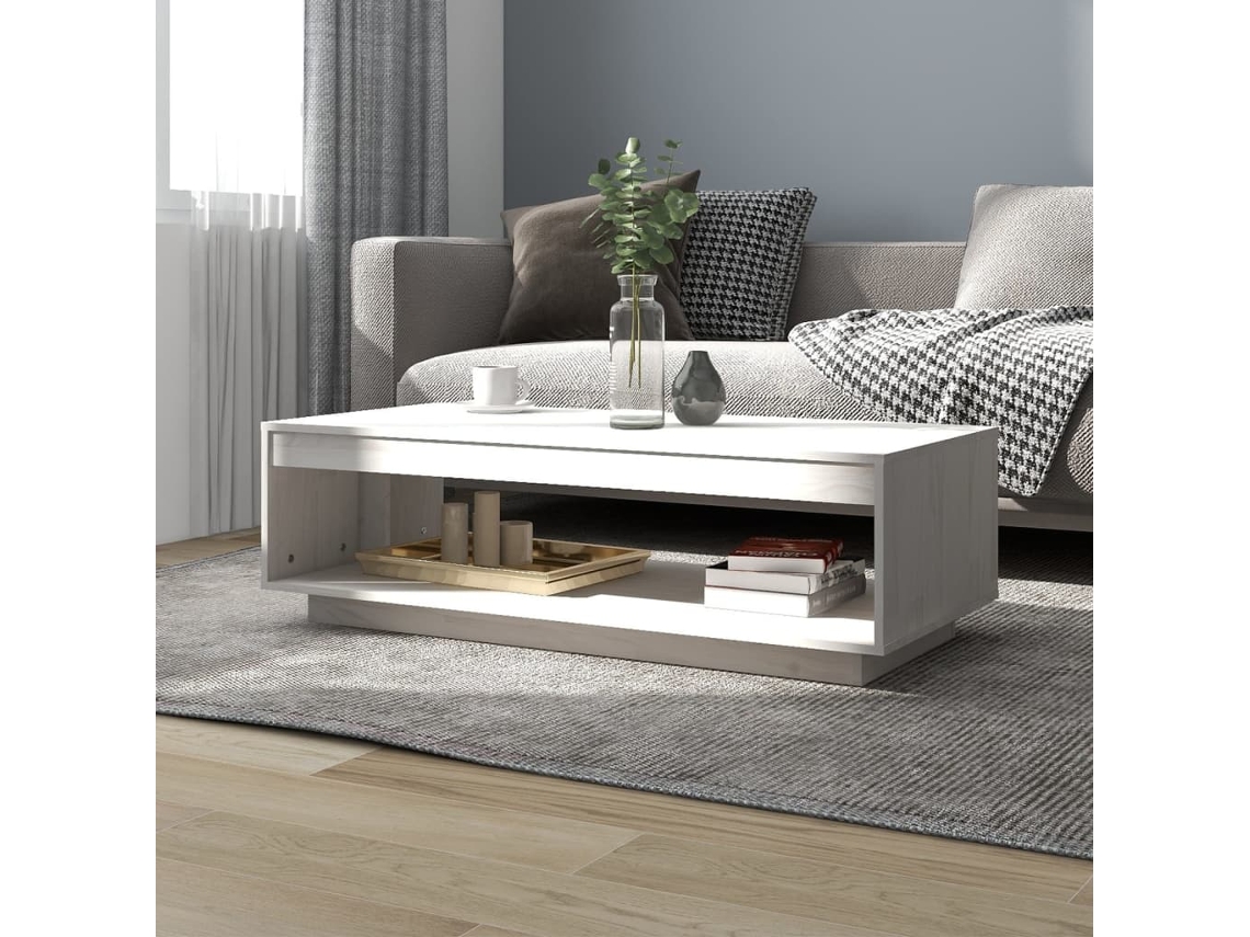 Mesa de Centro Apoyo 110X50X33,5 cm Madera de Pino Macizo Blanco