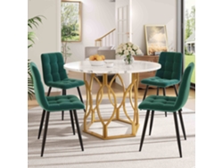 Juego de mesa de comedor de 5 piezas, mesa redonda de 100 cm con patas de metal dorado y sillas de terciopelo verde oscuro.