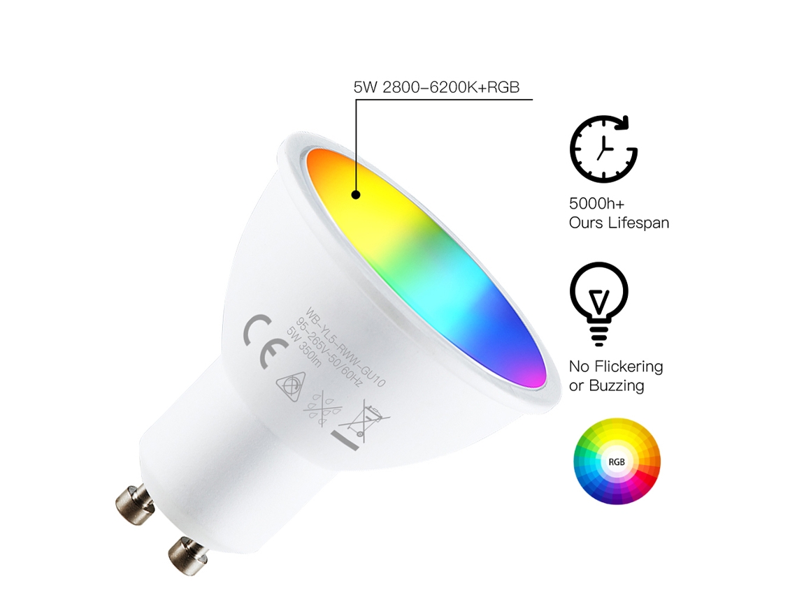 2026-bombilla Inteligente Wifi Led 5w 90-265v 2800k-6200k+rgb Gu10 Regulable Control Por App Y Voz Alexa