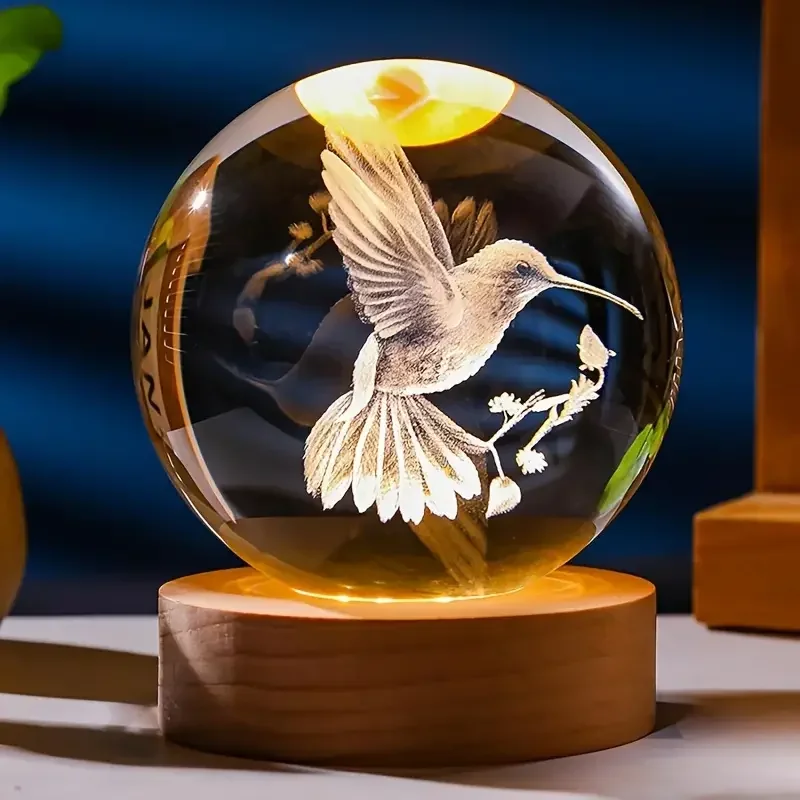 (luz Cálida) Bola De Cristal De Colibrí De 6 Cm, Modelo De Bola De Cristal Grabada Con Láser 3d