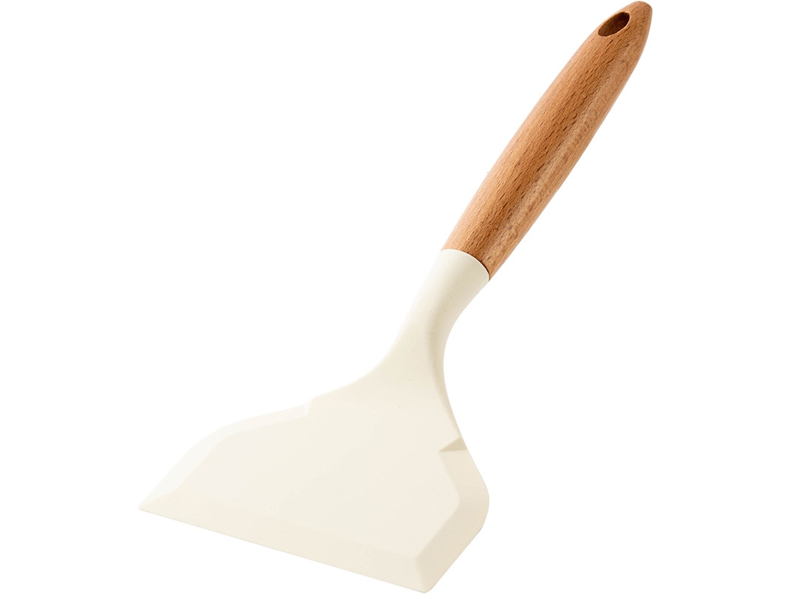 (blanco) Cuchara De Cocina De Silicona Y Madera De Aro Bajo, Espátula De Acero Antiadherente, Espátula Para Freír