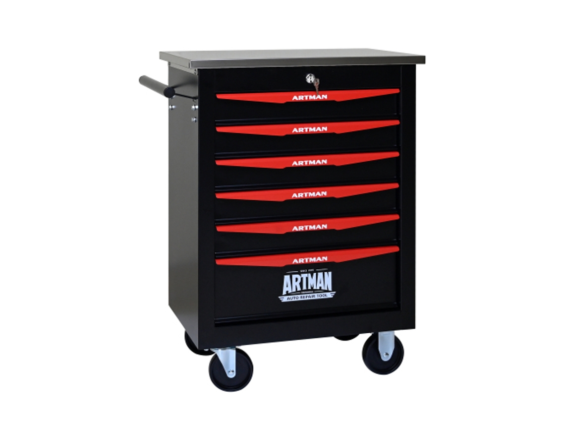 Carro de herramientas de 6 cajones con tapa metálica y ruedas móviles, color negro/rojo, Ziwei Store