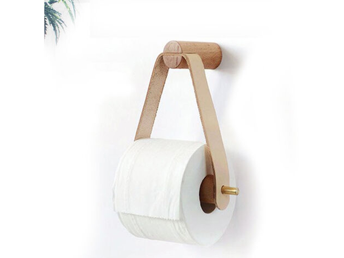 Portarrollos de papel higiénico de madera, estilo retro de pared, para cocina, baño, estilo nórdico, con asa de cuero y metal de haya (blanco)