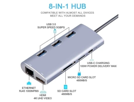 Hub Usb C 8 en 1 tipo C, adaptador multihub con red Hdmi 4K, Gigabit Ethernet, Usb 3,0, lector de tarjetas Sd/Tf, puerto de carga Pd para