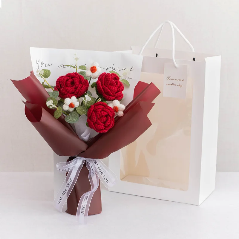 Bolso De Mano Con Flores De Rosas Artificiales Tejidas A Crochet, Ramo Creativo, Regalo De San Valentín
