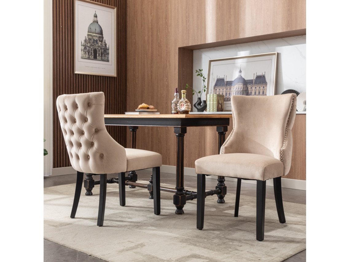 Juego de 2 sillas góndola de terciopelo con patas de madera maciza, estilo beige
