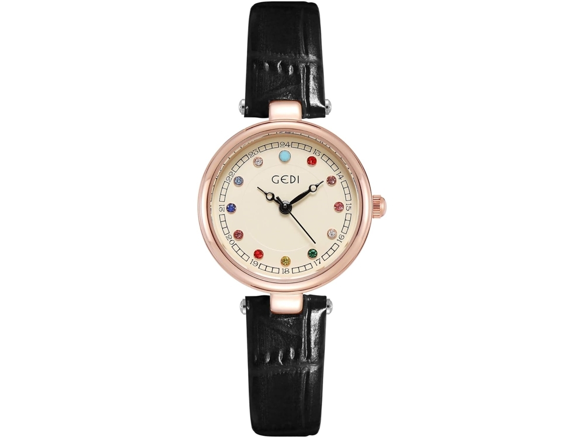 Reloj de pulsera pequeño con correa de cuero y vestido redondo para mujer - Negro Blanco