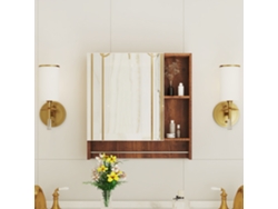 Mueble de baño en color nogal, fabricado en MDF, con espejo y estantes abiertos – Práctico mueble de baño con espejo.