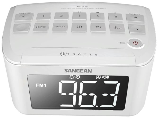 Radio Despertador SANGEAN RCR-24 (Blanco - Digital - AM/FM - Pilas y Corriente - Alarma Doble - Función Snooze)