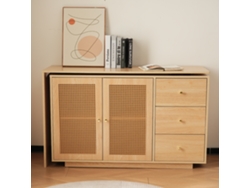 Escritorio L-forma 126 Cm - Mesa De Computadora Con Puertas De Ratán - Madera Natural