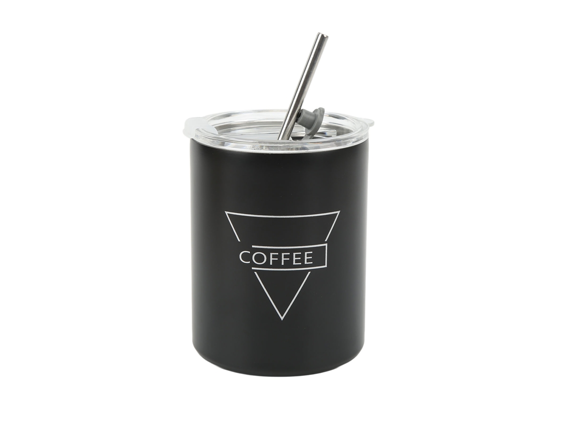 Taza De Café De Acero Inoxidable De 320 Ml (12 Oz) Con Tapa Y Pajita, Portátil, Isotérmica, Negra.
