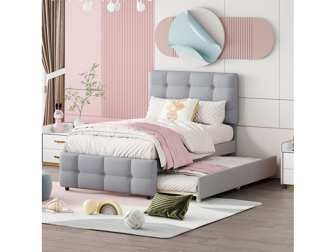 Cama Tapizada De 90x200 Cm Con Cabecero Extensible Y Ajustable, Color Gris Lino.