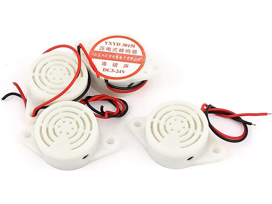 Juego de 4 alarmas electrónicas miniatura con zumbador y tono continuo, CC 3V-24V, con 2 cables, color beige, CHABERLU
