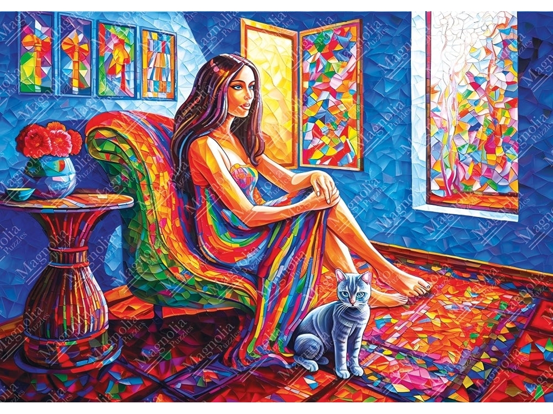Rompecabezas de Magnolia Mujer con Gato, 1000 piezas