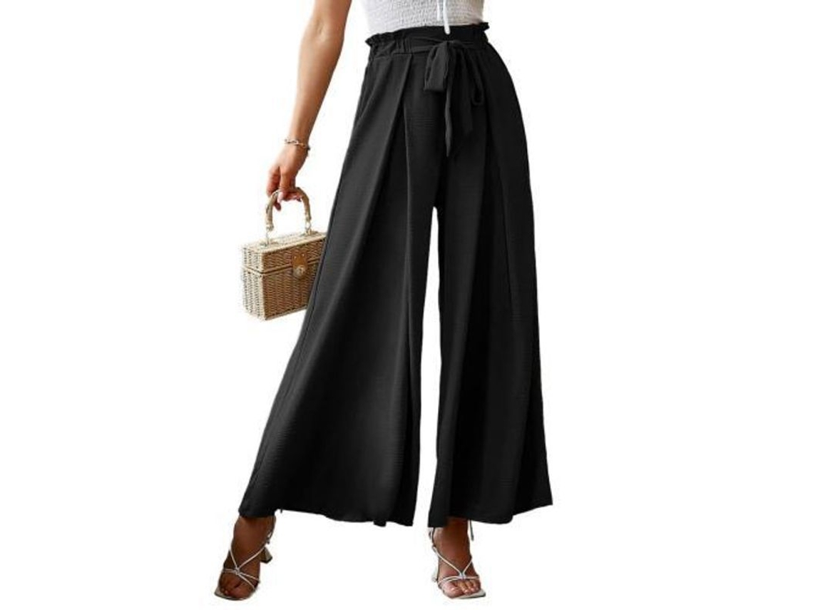 2026-pantalones De Mujer Elegantes De Cintura Alta Con Volante Y Split, Pantalones Amplios Para Salir Y Hogar L Negro