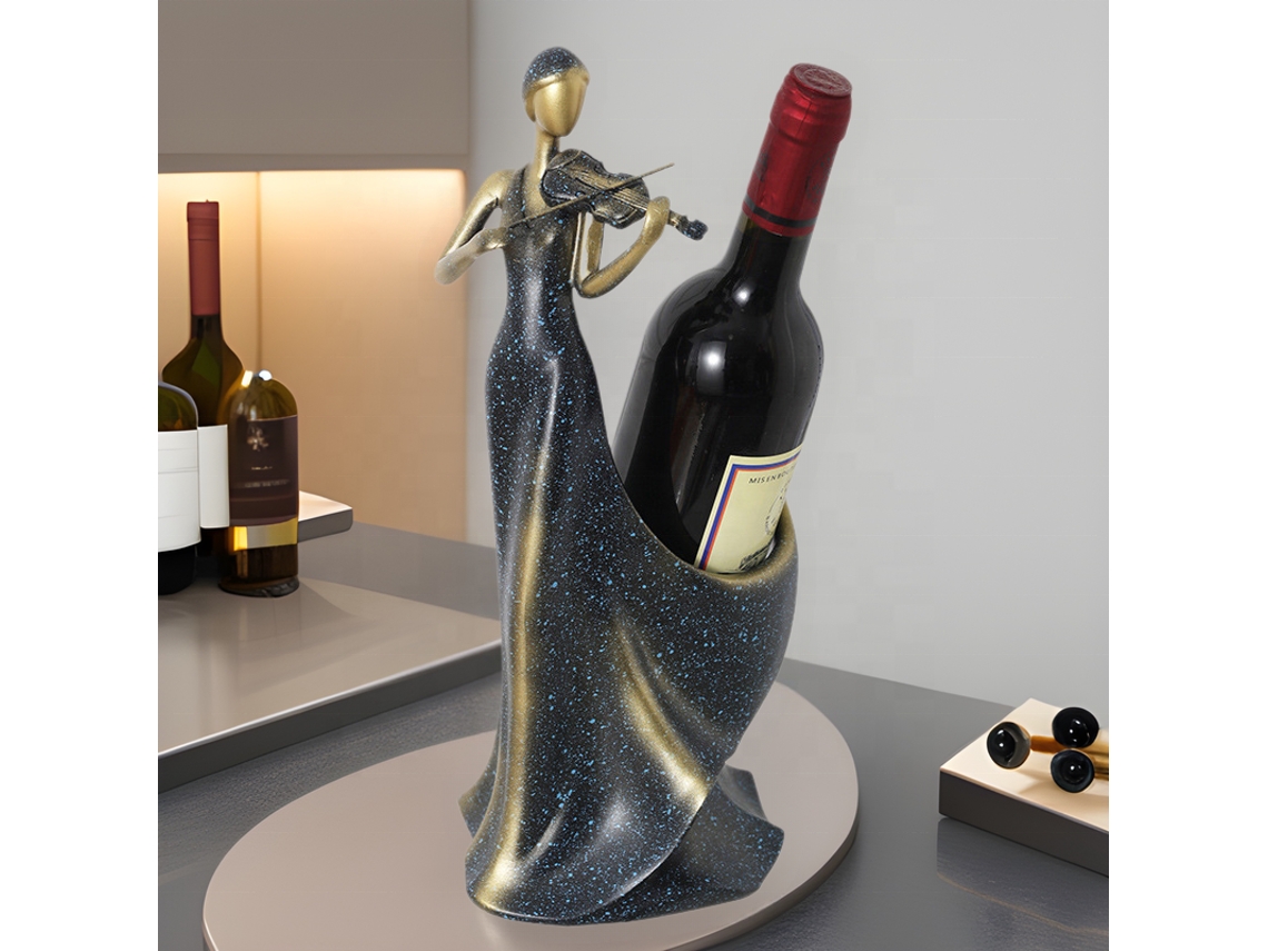 Sofisticado botellero fabricado en resina, con forma de violín, ideal para la decoración de entradas.