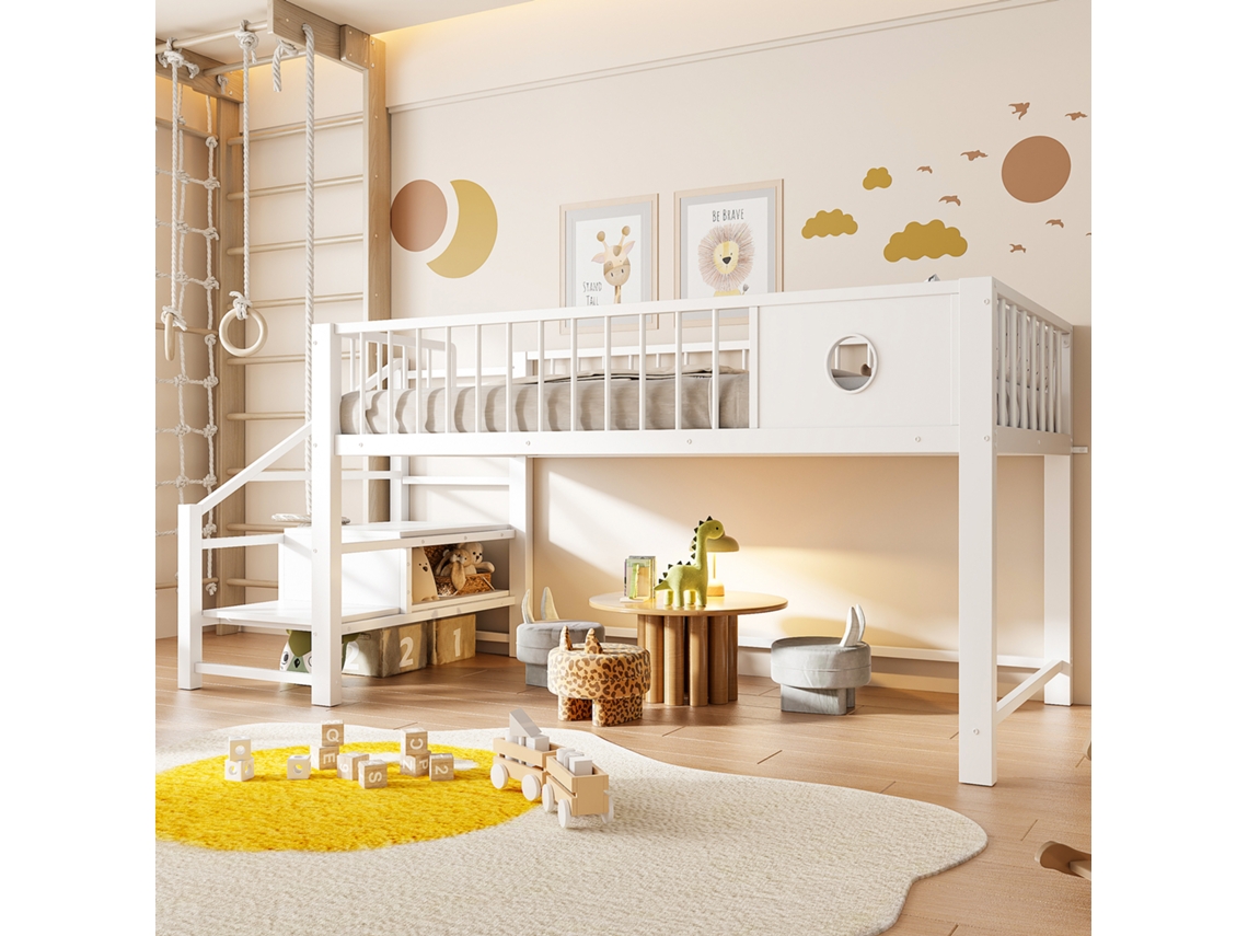 Cama Altillo Baja 90x200 Cm, Escalera De Almacenaje, Estructura Metálica Robusta, Niño Adolescente, Seguridad 120 Kg, Blanco