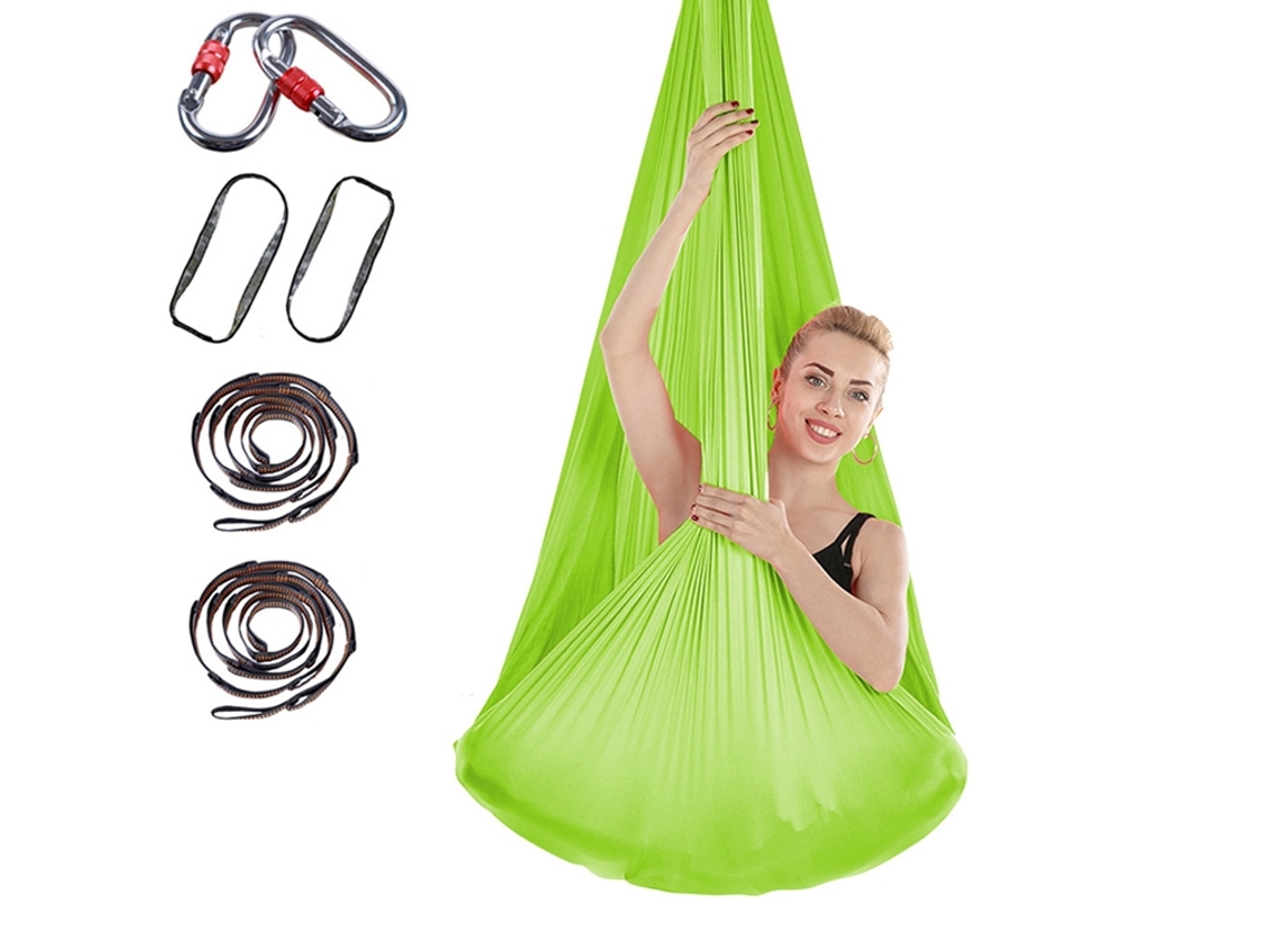 Hamaca de yoga de 400 x 280 cm con correa de extensión y cierre (verde hierba)