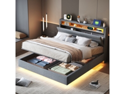 Cama Suspendida 140x200 Cm Con Almacenamiento, Led, Usb, Cabecero Reversible, Hidráulica, Lino Gris.