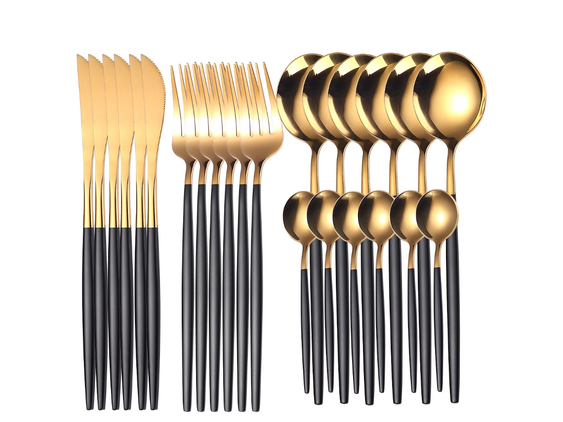 Conjunto de Talheres de Aço Inoxidável 24 Peças para Restaurante Familiar-Ouro Preto GERTIZ