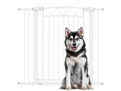 Barrera para perros ajustable de 76 a 104 cm con 2 extensiones y doble cierre, color negro.