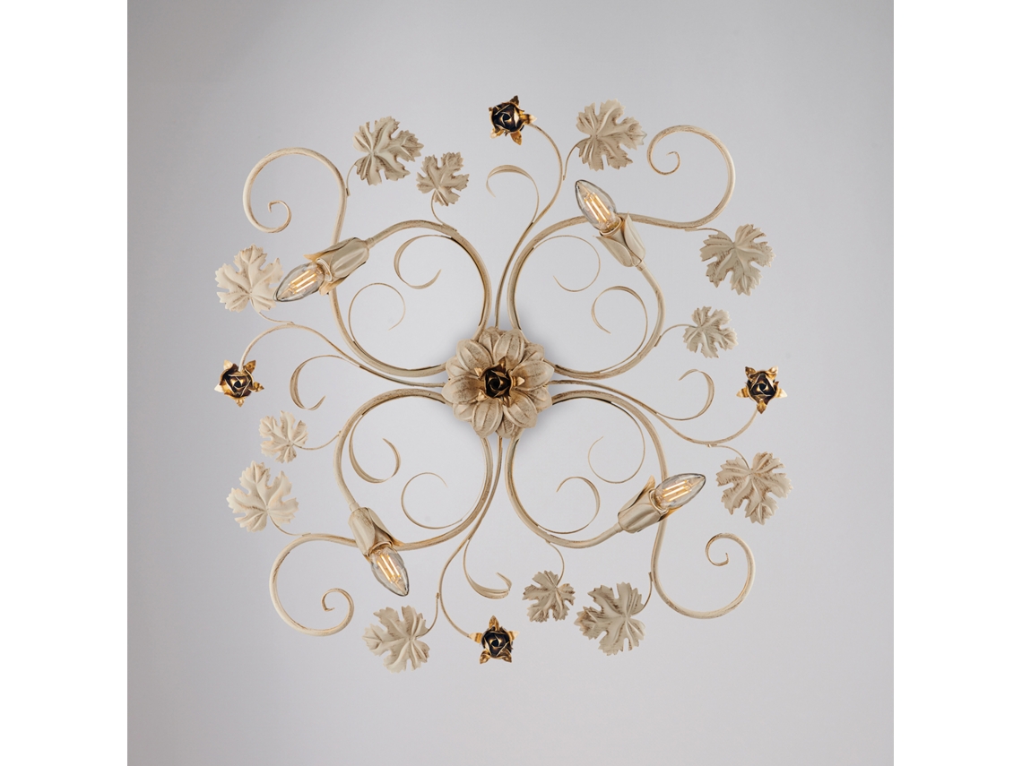 Lámpara de techo Iris de hierro lacado en marfil con decoración en oro antiguo, 4 luces, H.17, Ø76, Bl169, Pl4, Av, Belight