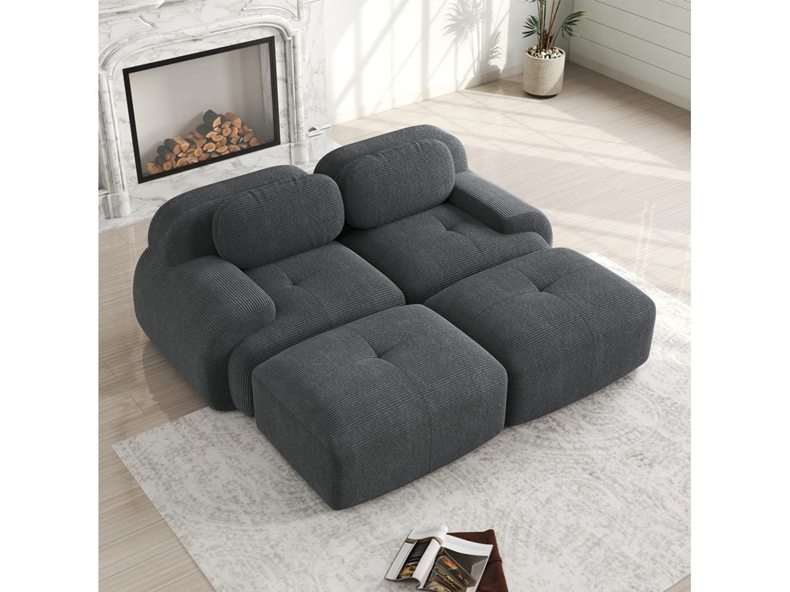 Sofá modular en forma de U, tapizado en terciopelo Cannelê transpirable, sin marco, sin necesidad de montaje, con brazos anchos, ergonómico y de color beige.