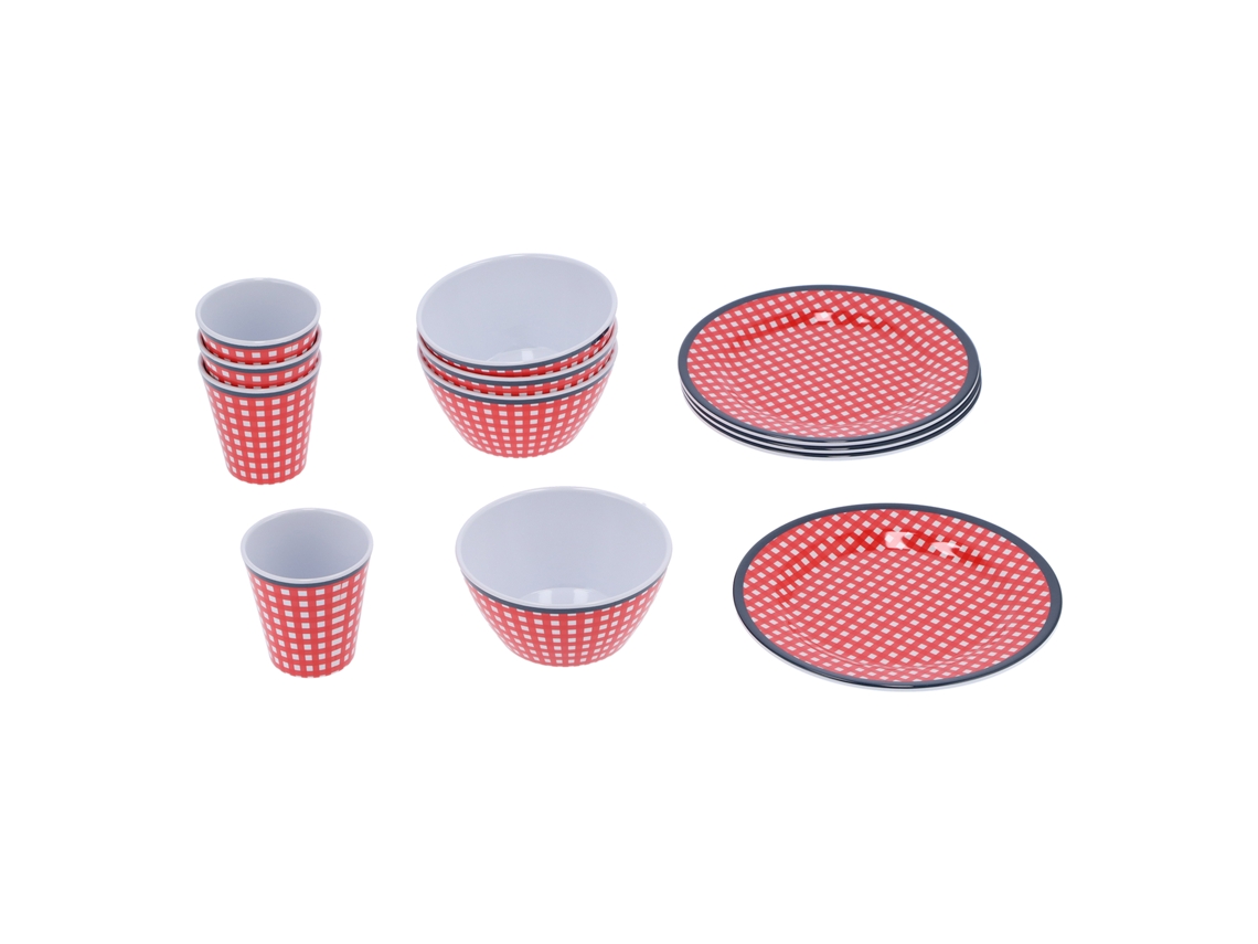 Juego de vajilla de 12 piezas (taza, tazón y plato con estampado rojo) para cocina y restaurante.