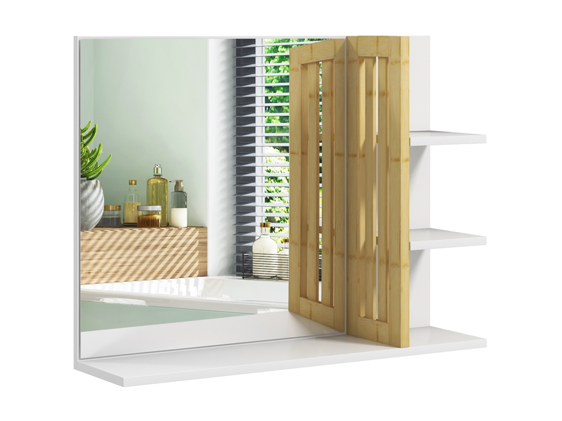 Espejo de baño con 4 estantes de madera, espejo de baño moderno de pared con estantes, 45x15x58,5 cm, blanco