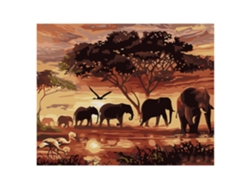 Tela con diseño para colorear por números, 40 x 50 cm. Presenta elefantes africanos. Incluye pinzas y las pinturas necesarias.