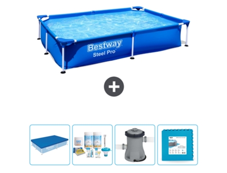 Piscina BESTWAY Rectangular Steel Pro - 221 x 150 x 43 cm - Azul - Incluida Cubrir - Paquete de mantenimiento - Bomba - Baldosas