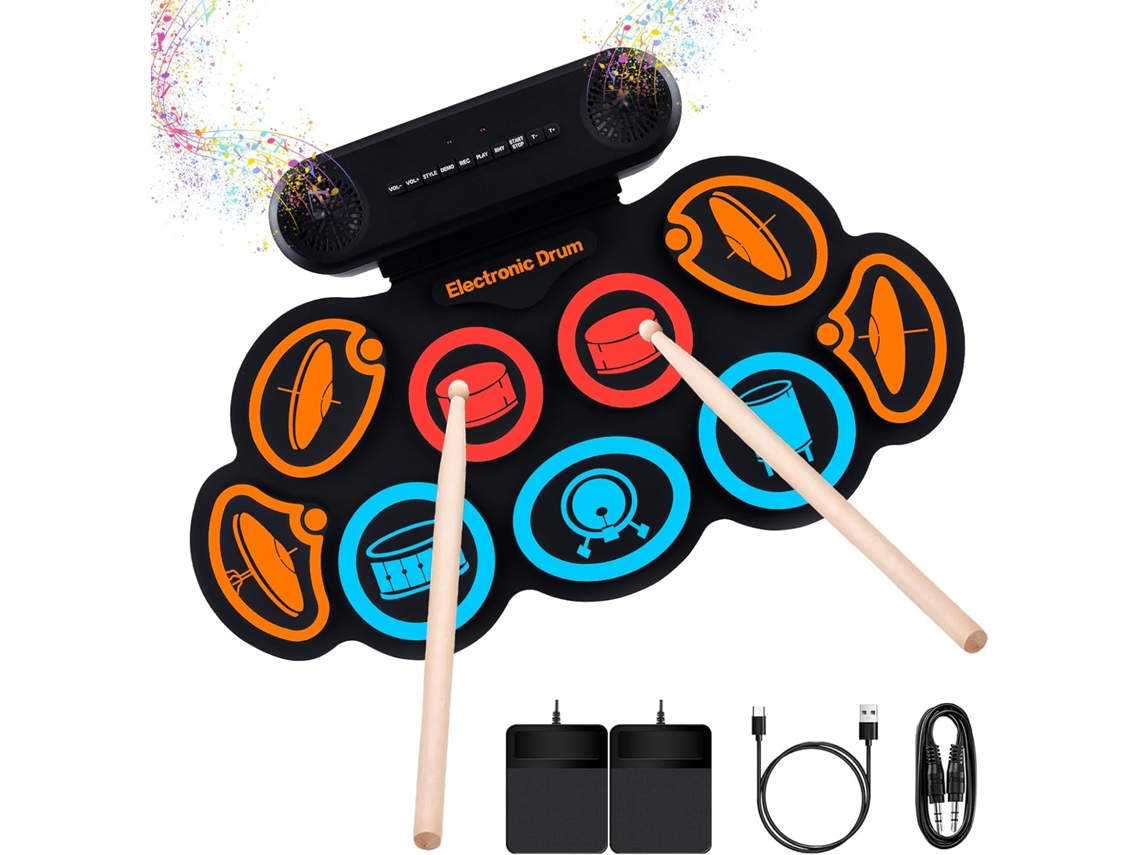 Batería electrónica Eifson G7, 9 pads y 7 sonidos de batería, Bluetooth y entrada auxiliar (Rainbow)