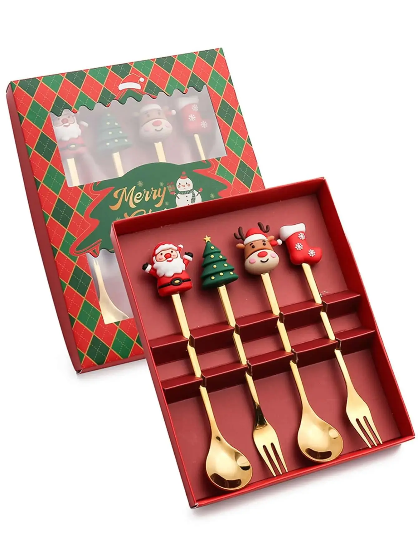Juego de 4 cubiertos navideños de acero inoxidable, incluye tenedor y cuchara para café, té o postre, color rojo Aeuzwr