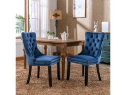 Sillas de comedor, 2 unidades, capitoné de terciopelo, patas de madera con tachuelas, azul, Mobrio