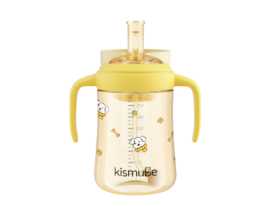 Biberón con tapa abatible, tapa integrada y vaso para beber directamente, para bebés mayores de 6 meses, con pajita, amarillo, con boquilla, 240 ml.