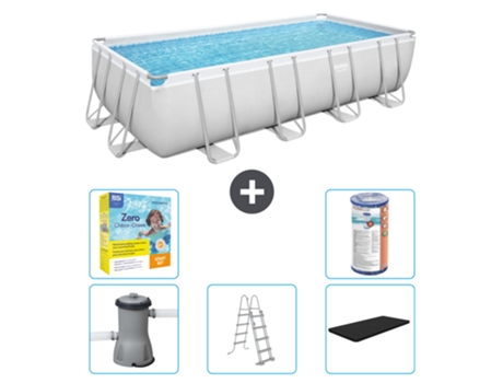 Piscina BESTWAY rectangular Power Steel - 488 x 244 x 122 - gris con bomba incluida - escalera - cubierta Paquete de mantenimiento - Filtrar