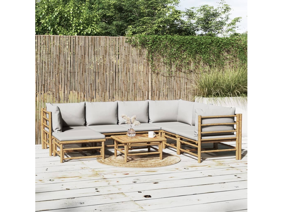 Conjunto de 8 piezas. Lounge De Jardim Bambu C/ Almofadas Cinza Claro Dkd Home Decor