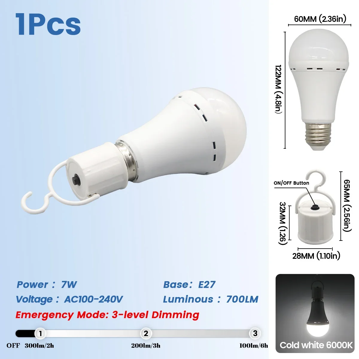 (1 Unidad, 7w) Bombilla Led Recargable, E27, 1500mah, Para Uso De Emergencia, Adecuada Para Cortes De Energía Y Acampada Al Aire Libre.