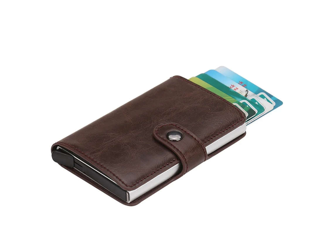 Billetera con bloqueo RFID, tarjetero seguro, diseño minimalista en aluminio aeroespacial, tarjetero desplegable con mecanismo deslizante.