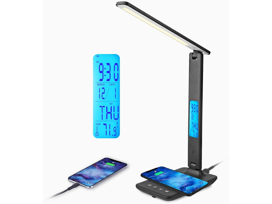 Lámpara de escritorio, cargador inalámbrico innovador y puerto de carga USB, luz inteligente regulable con función LCD, diseño y tecnología plegables.